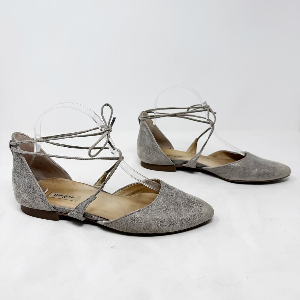 [Paul Green] Burnished Silver Metallic Leather Lace Up Pointed Toe Flats Sz US 7